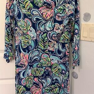 Lilly Pulitzer Navy Multicolor Tropical Print Long Sleeve Dress